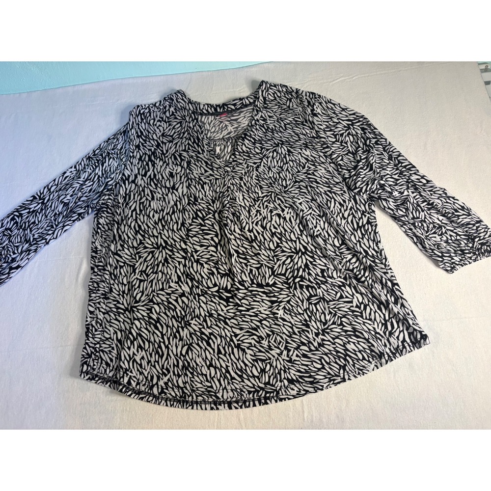 Vince Camuto Black White Abstract Print V-Neck Blouse XXL 3/4 Sleeve Top 1318